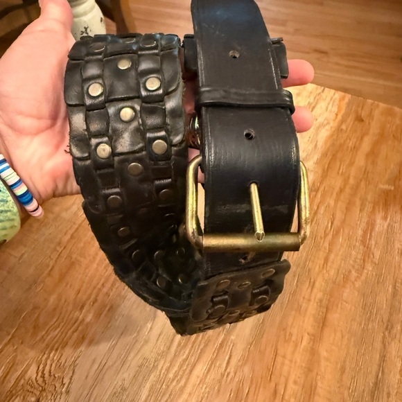Black Leather Belt with Brass Buckle &Rivets all around